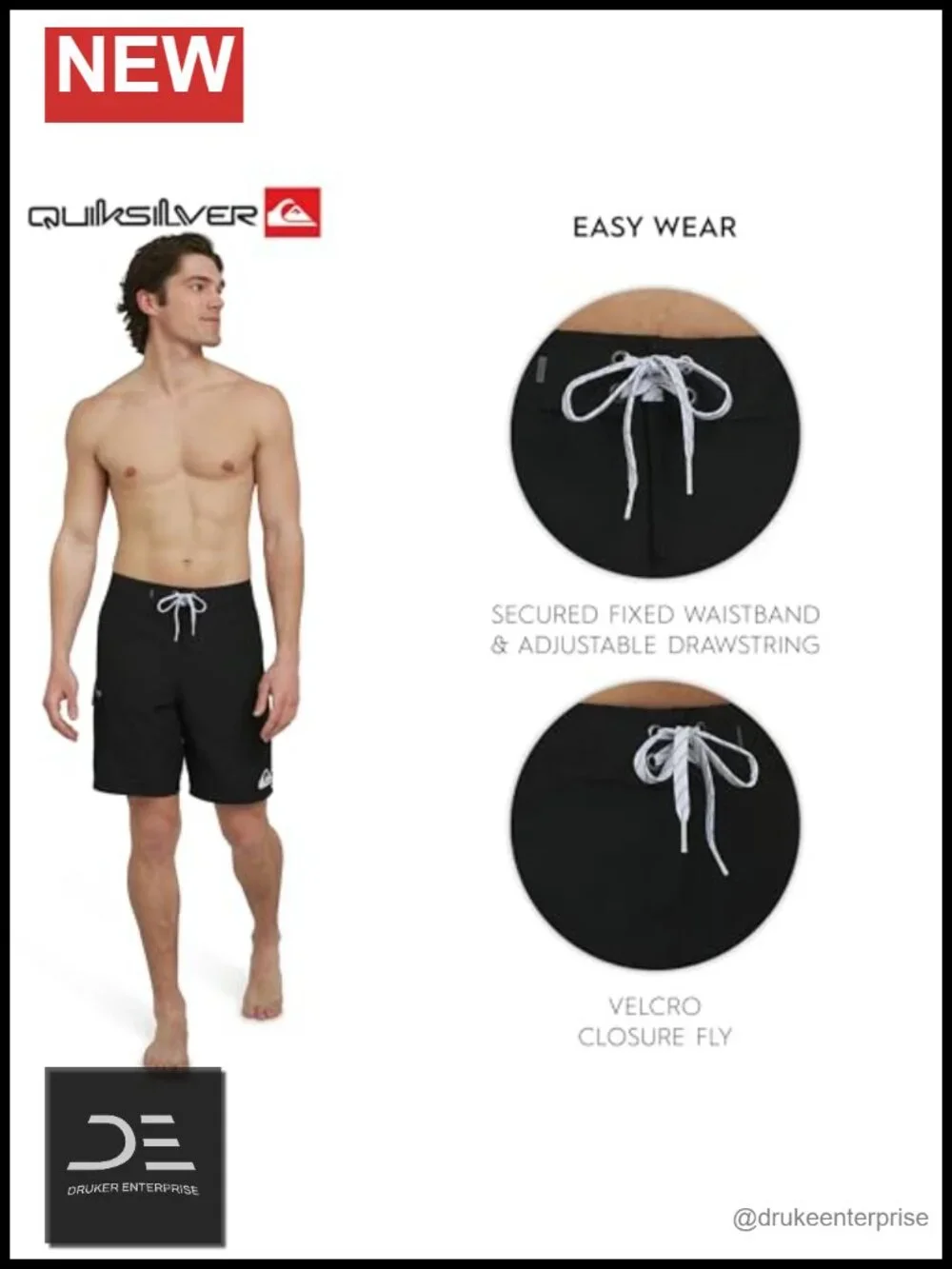 UPF 50 Quick Dry Board Shorts Regular Fit Fixed Waist Velcro Fly Drawstring